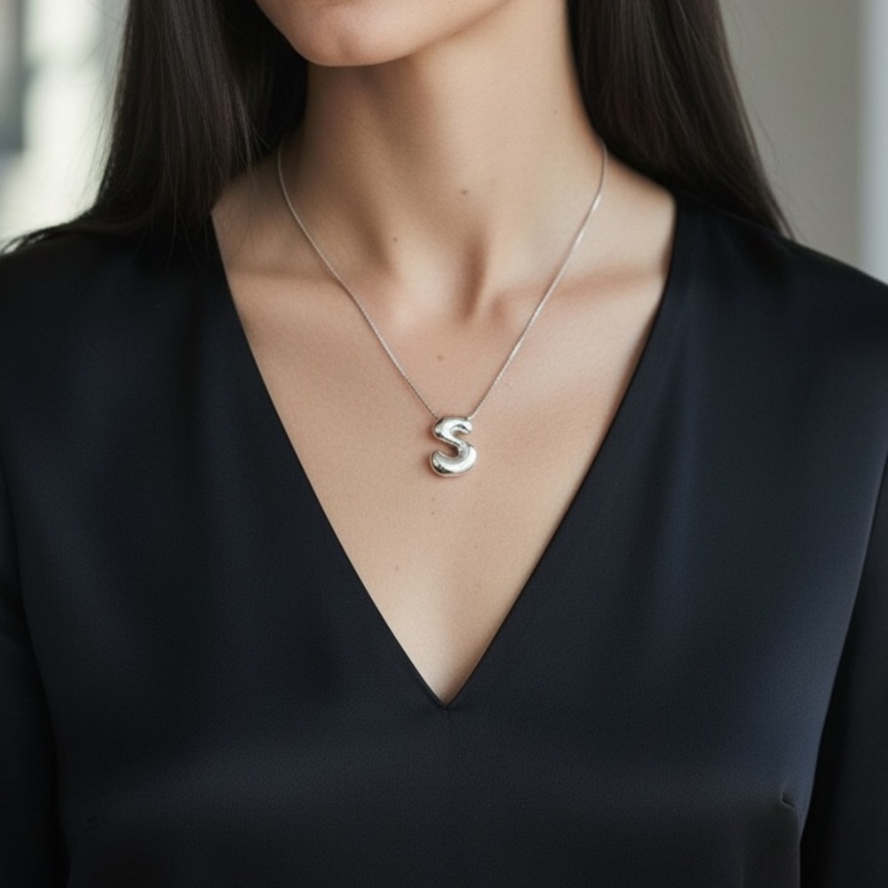 ✨ Chunky Silver Bubble Letter Initial Necklace ✨ leather S